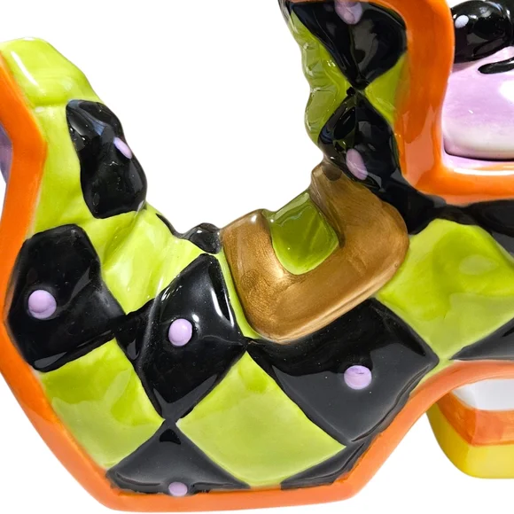 Ceramic Halloween Witch's Boot Teapot Spider Lid Harlequin Check Whimsical Decor - Picture 16 of 16